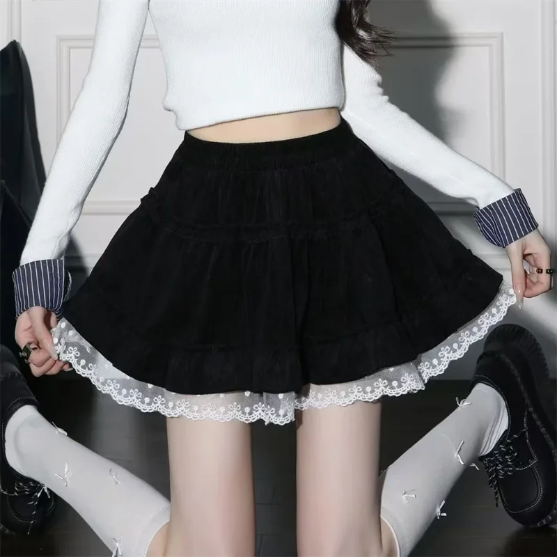 

Осенне-зимняя повседневная короткая юбка в стиле французского преппи с кружевными вставками и бархатом для женщин, винтажная мини-юбка для дам