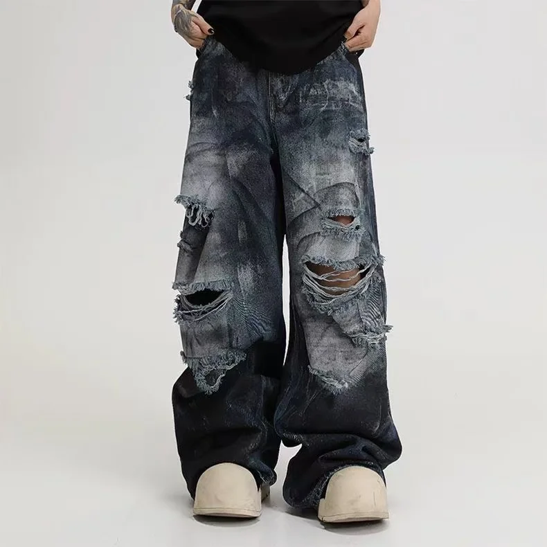Calças Jeans com Efeito de Tinta para Homens e Mulheres, Novas, Estilo Americano Lavado, Hip-Hop, Perna Larga, Gótico, Streetwear, Corte Reto