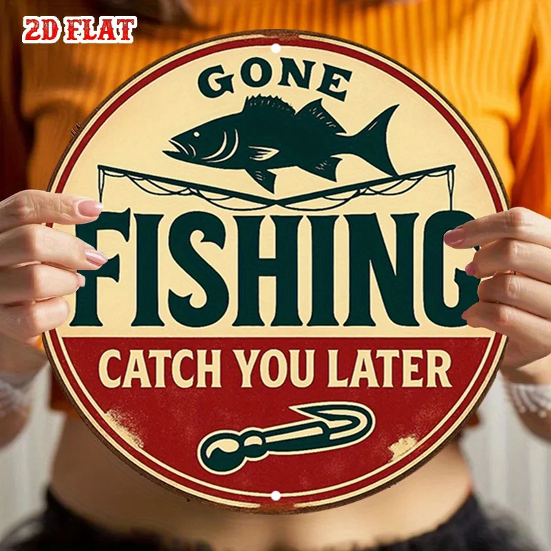 2D Flat, Gone Fishing Fish Silhouette Round Sign, Catch You Later Metal Decor, Wall Decor Signs for Home, Garage, Dining Room