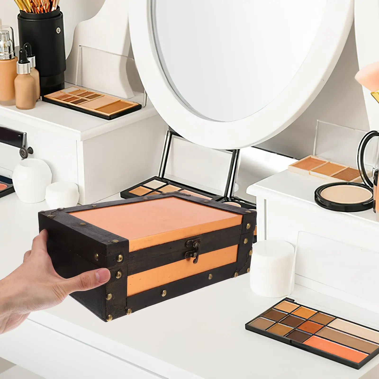 Vintage Storage Chest Treasure Box Lock Wedding Keepsake Trunk Creative Desktop Card Keepsake Trunk Wooden Memory Souvenir Box