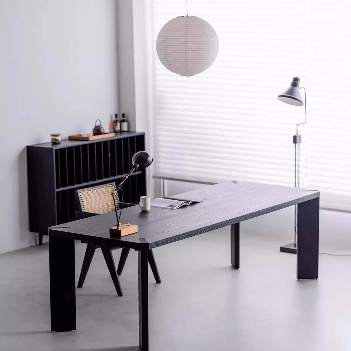 Household living room large long desk ash wood black dining table rectangular guest tea table solid wood dining table
