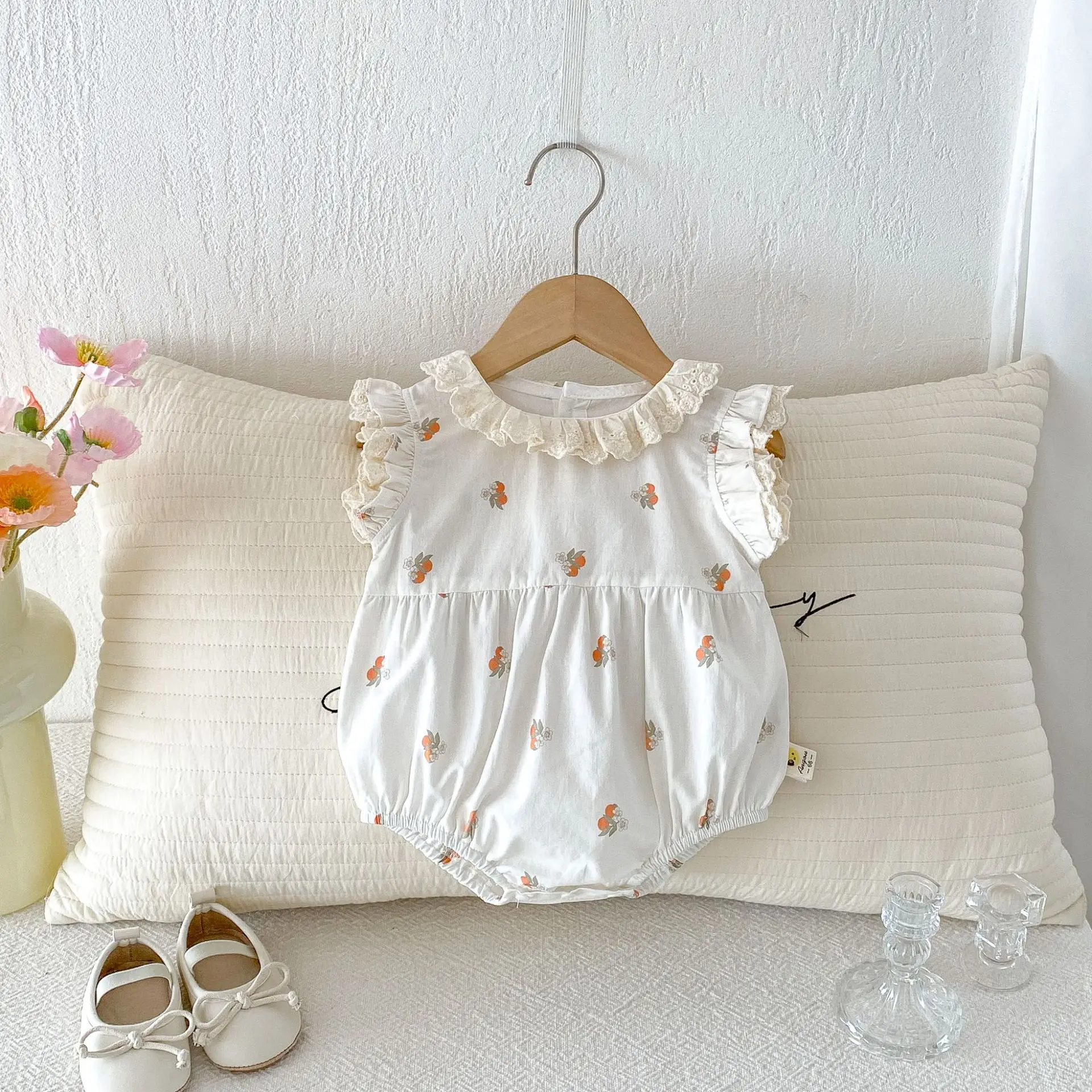 2026 Summer New Baby Girl Flying Sleeve Lace Collar Bodysuit Cotton Newborn Girl Sweet Print Jumpsuit Infant Toddler Clothes