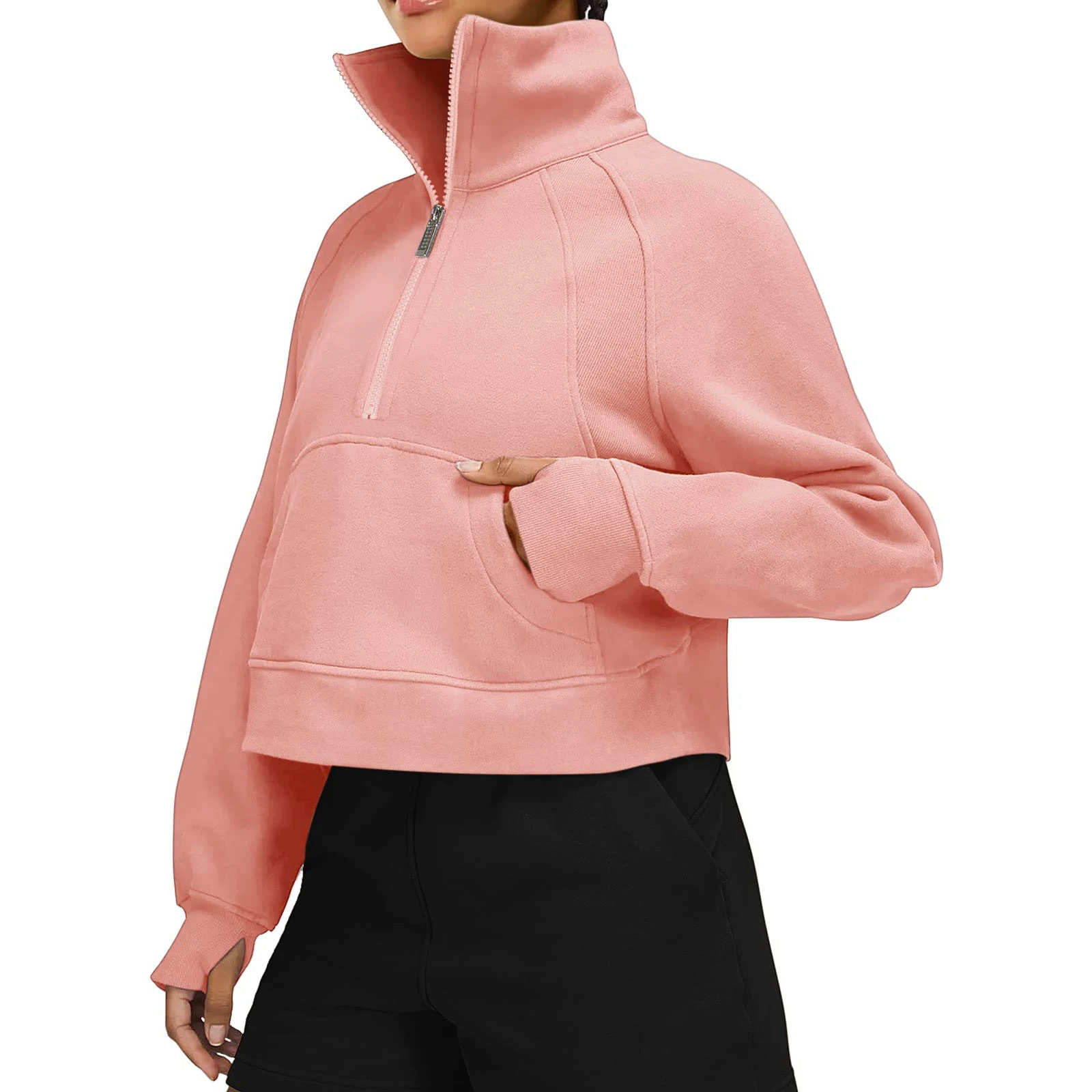 Women Stand Collar Pullovers Long Sleeve Solid Color Half Zip Front Pocket Sweatshirts Spring Autumn Loose Tops