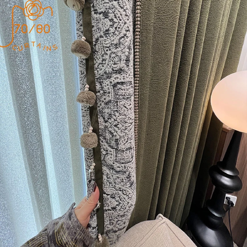 Retro Cotton and Linen Screen Dark Green Jacquard Thickened Splicing Blackout Curtains for Living Room Bedroom French Window