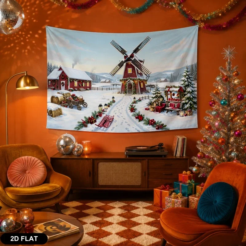 2D Flat,1pc Printed Tapestry, Christmas Snow Windmill Farm Pattern, Holiday Wall Decor, for Living Room,Bedroom