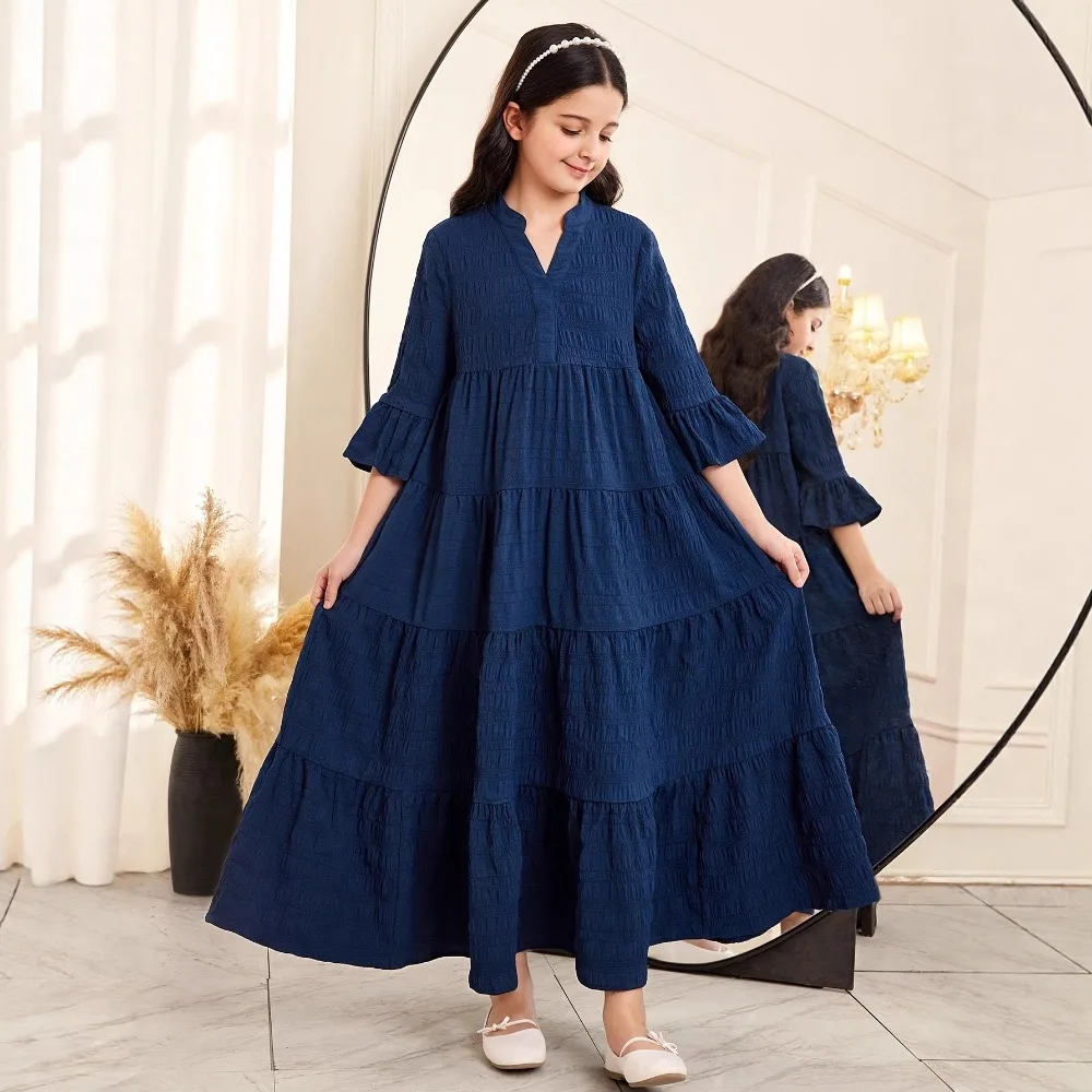Teen Boys Girls Loose V Neck 3/4 Sleeve A Line Dress Layered Textured Fabric Vacation Casual Back to School Outfits