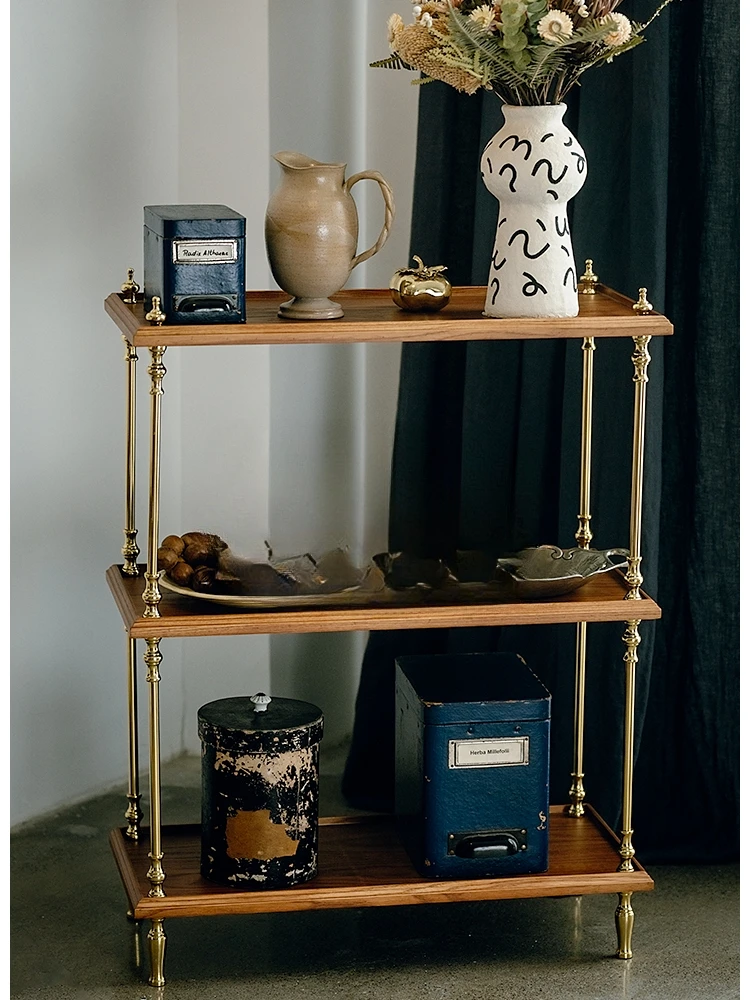 Three layers of antique solid wood brass shelves