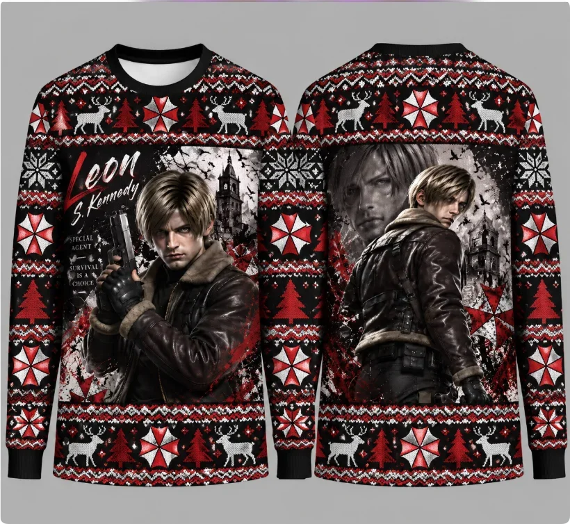 Resident Evil Game Character Ugly Christmas Sweater Umbrella Logo Snowflake Reindeer  Print Sweatshirt Xmas Party Pullove