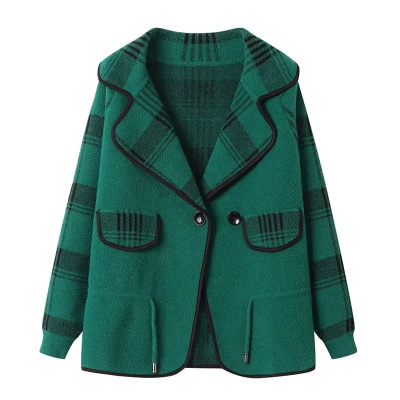 Clothes Coats for Women Black Jacket Wool & Blend Plaid Check Green Outerwears Tweed Blazer Woman Loose Colorblock Fashion 2024