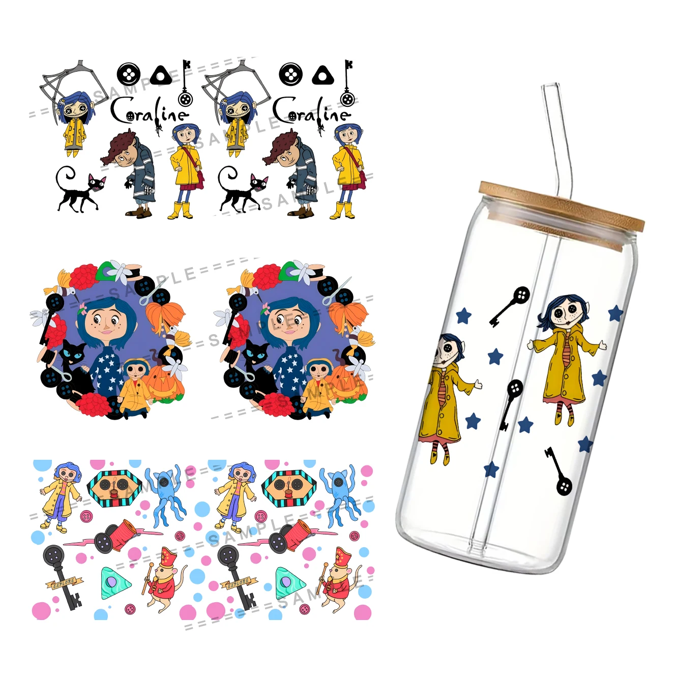 Disney Coraline & the Secret Door For Libbey 16oz Can Glass 3D Waterproof UV DTF Coffee Can Wrap Libbey Glass Wrap