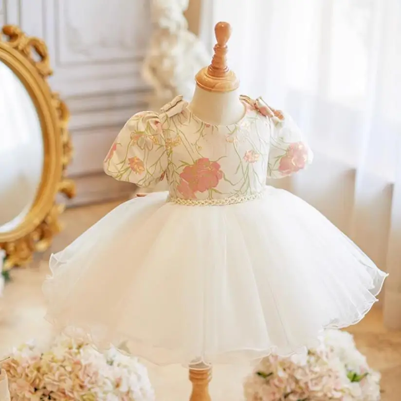 

Children's Evening Gown Bow Puff Sleeve Pearls Design Girls Dresses For Wedding Birthday Party A3739 Vestios Flower Girl Dresses