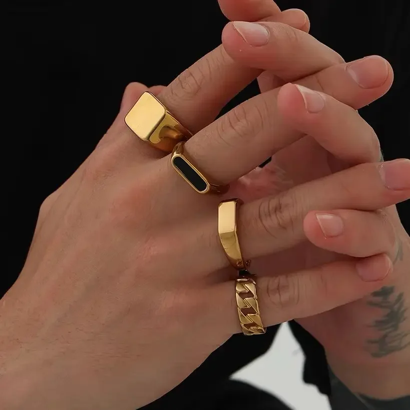 New Fashion Goth Waterproof Stainless Steel Chunky Rings for Men Vintage Gold Color Stackable Knuckle Rings Steampunk Jewelry