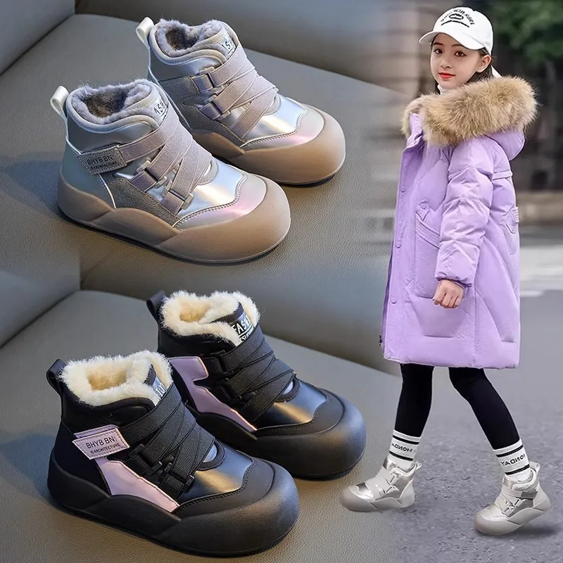 Zapatillas altas de terciopelo para niña, zapatos de algodón cálidos y gruesos, botas de cuero coreanas, invierno 2024