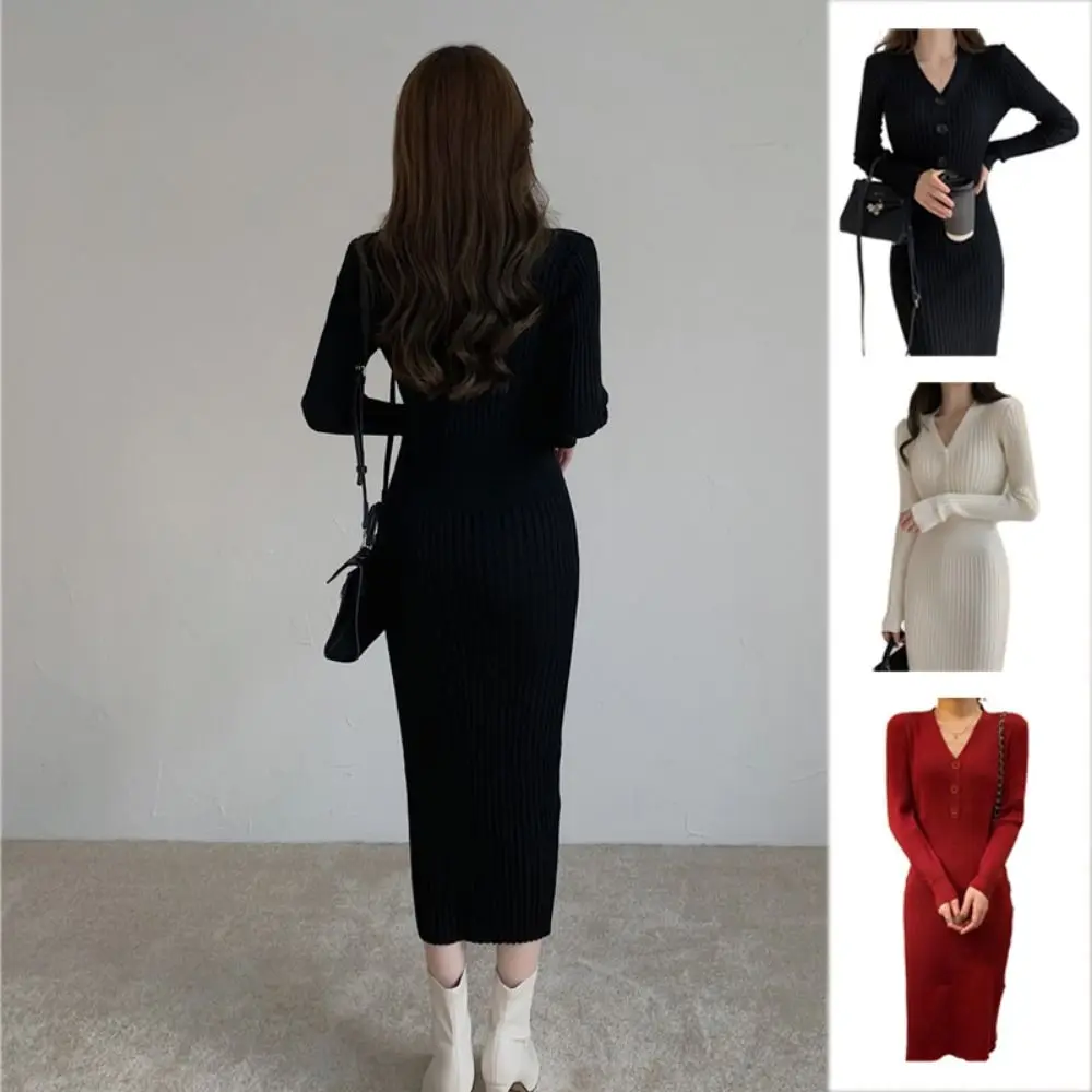 

Korean Style Winter Knit Warm Long Dress V-neck Soft V-neck Women Sweater Dress Comfortable Warm Woman's Knitted Dress Spring