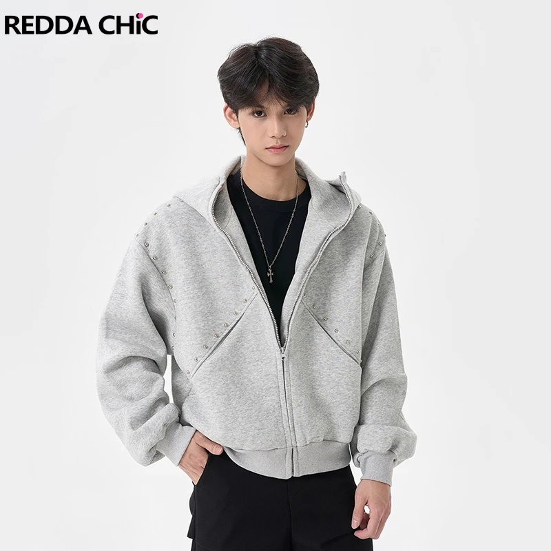 

REDDACHIC серый свитшот в стиле панк с заклепками и капюшоном, мужские кавайные уши, карманы на молнии, повседневные толстовки с длинными рукавами, осенняя верхняя одежда в стиле ретро
