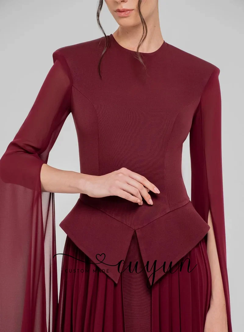CUYUN Maßgeschneidertes Damen-Abendkleid mit Cape-Ärmeln, Chiffon und Jersey-Abschlussballkleid, formelles Dinner-Partykleid, elegante burgunderrote Kleider