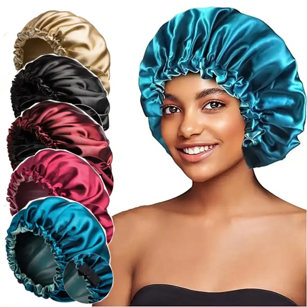 New Women Large Satin Bonnet Silky Night Sleeping Cap Adjusting Button Night Hat Beauty Salon Hair Care Hat Bathroom Products