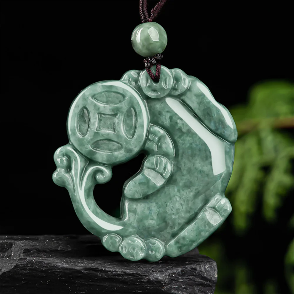 Vintage Natural Green Jadeite Carved Hollow Coin PiXiu Lucky Pendant Amulet Necklace Certificate Trendy Male Female Gift Jewelry