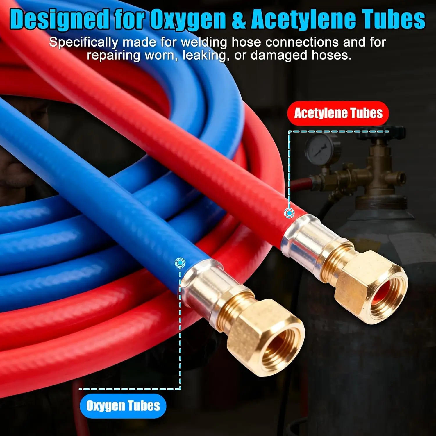 طقم تصليح خرطوم 49 قطعة مع المكشكش، لخراطيم شعلة الأسيتيلين الهوائية/الأكسجين 3/16-1/4 بوصة #4