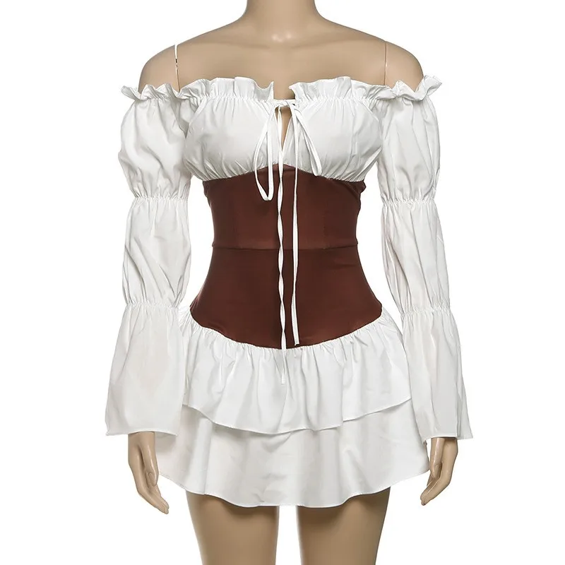 Doce retalhos vestidos curtos feminino rendas até slash neck manga longa puff magro em camadas vestido de festa elegante mini bodycon vestidos