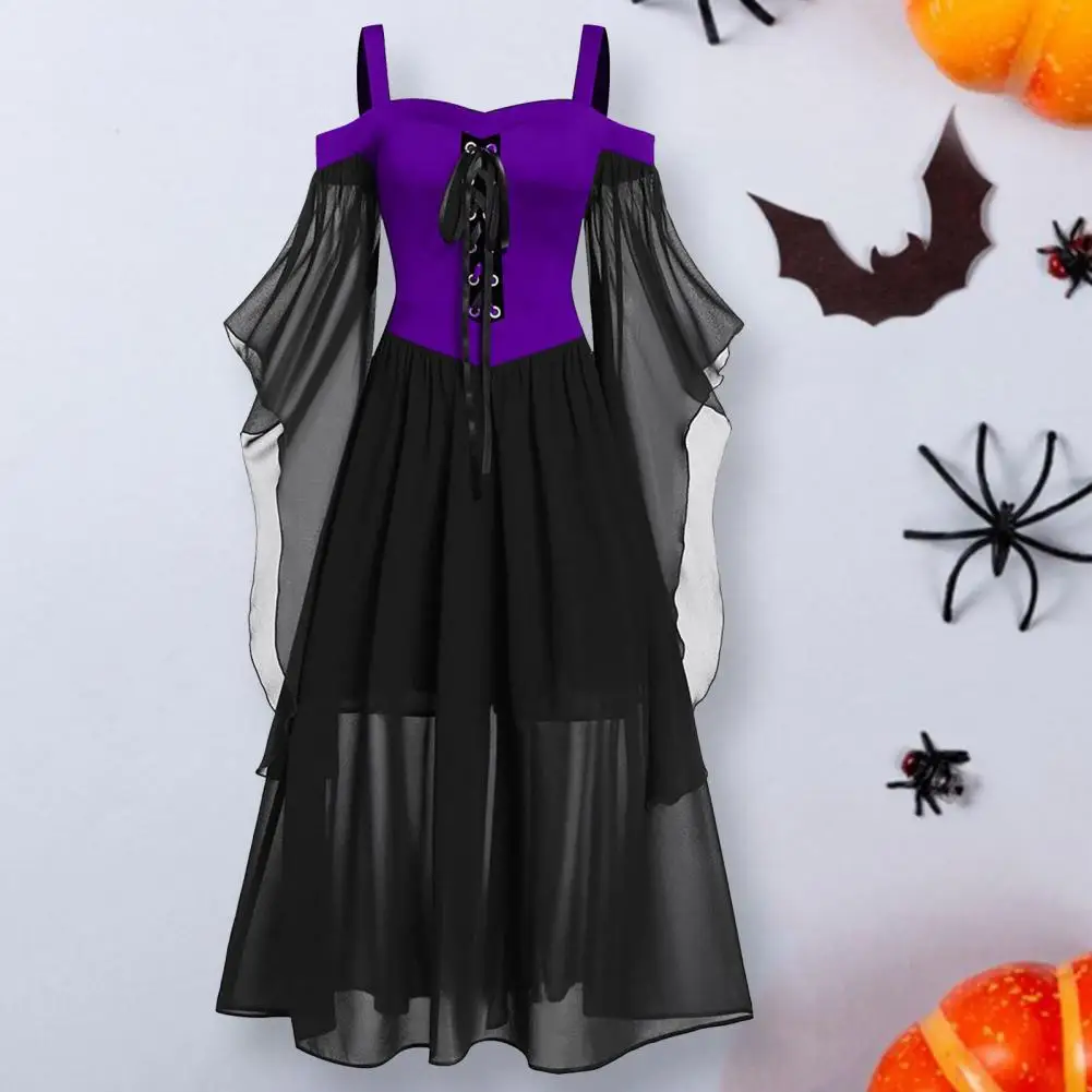 

Medieval Dress Net Yarn Sleeve Chiffon Hem A-Line Dressing Up Waist Tight Gothic Punk Style Halloween Witch Dress for Banquet