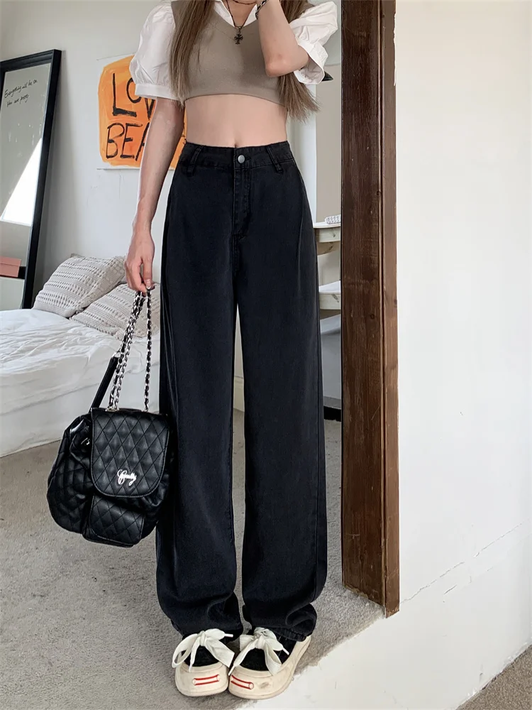 

Прямые джинсы с высокой талией, женские тонкие новые утягивающие широкие брюки длиной до пола, летние против морщин