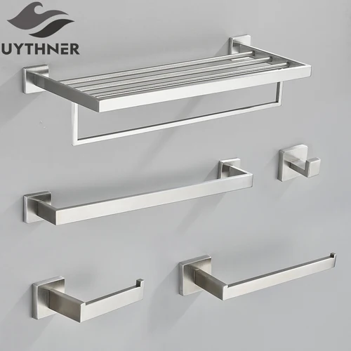 Juego de accesorios de baño de níquel cepillado, gancho para bata, toallero, barra, estante, soporte de papel tisú, accesorios de baño