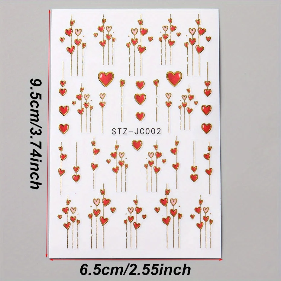 1 pz adesivi per unghie 3D con cuore e strisce dorate per San Valentino - Decalcomanie per nail art adesive rosse e rosa romantiche con linee di cuore