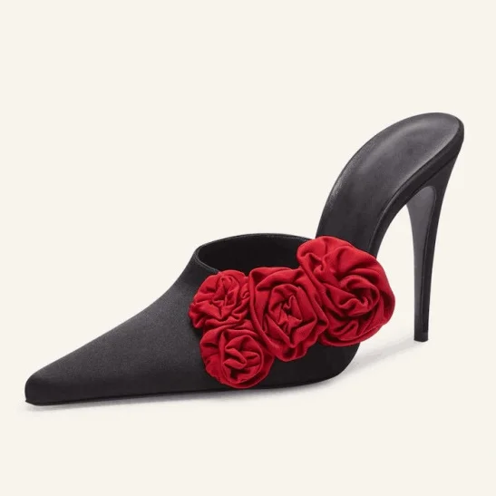 

Women's Party Shoes Pointed Toe Thin High Heel Red Flower Embroidery Slides Stiletto Heel Slip On Slipper For Wedding Banquets