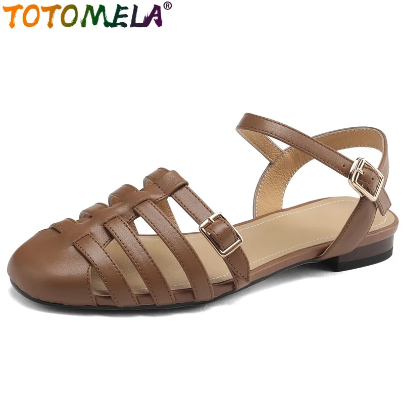 

TOTOMELA 2024 New Gladiator Genuine Leather Slingbacks Shoes Ladies Vintage Buckle Sandals Square Low Heels Summer Woman Sandals