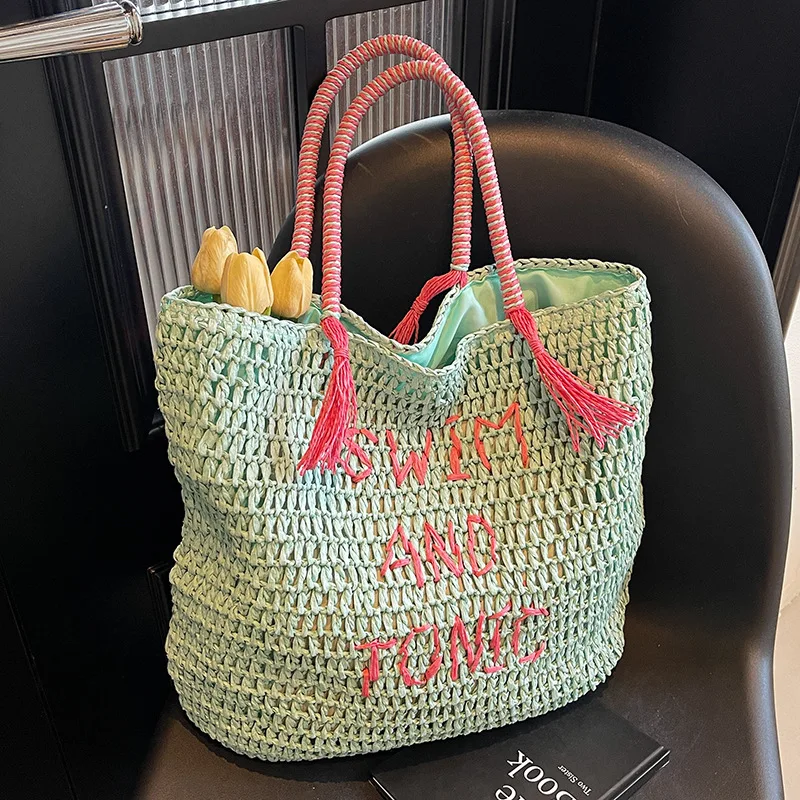 

Summer Beach Vacation Style Is Small and Fresh Mint Green Grass Woven Bag Ins Wind Large Capacity Forest Literary Shoulder Bag