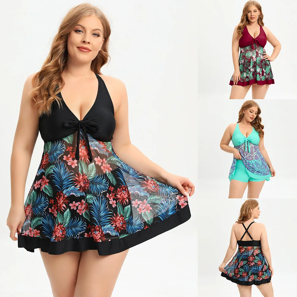 2023 Plus Size Swimwear Cover Belly With Print Skirt Split Swimwear Boxer Trunks Women Beach Skirt Swimming Two-piece Suit 5XL