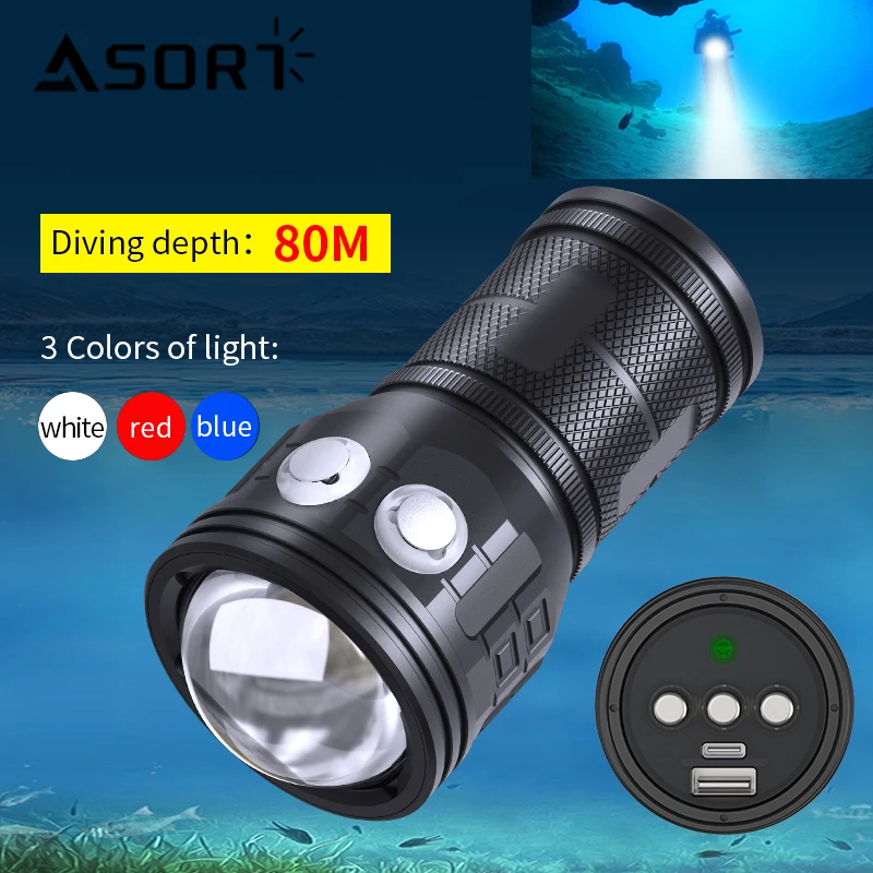 

High Power Diving LED Flashlight Underwater Fill Light Torch Rechargeable IPX-8 Waterproof Built in Battery Lantern Camping Lamp