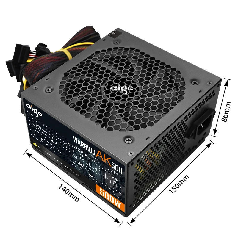 Aigo-Bloc d'alimentation PC PSU AK 500W, noir, jeu, silencieux, 120mm, ventilateur RVB, 24 broches, 12V, ATX, alimentation d'ordinateur de bureau pour BTC