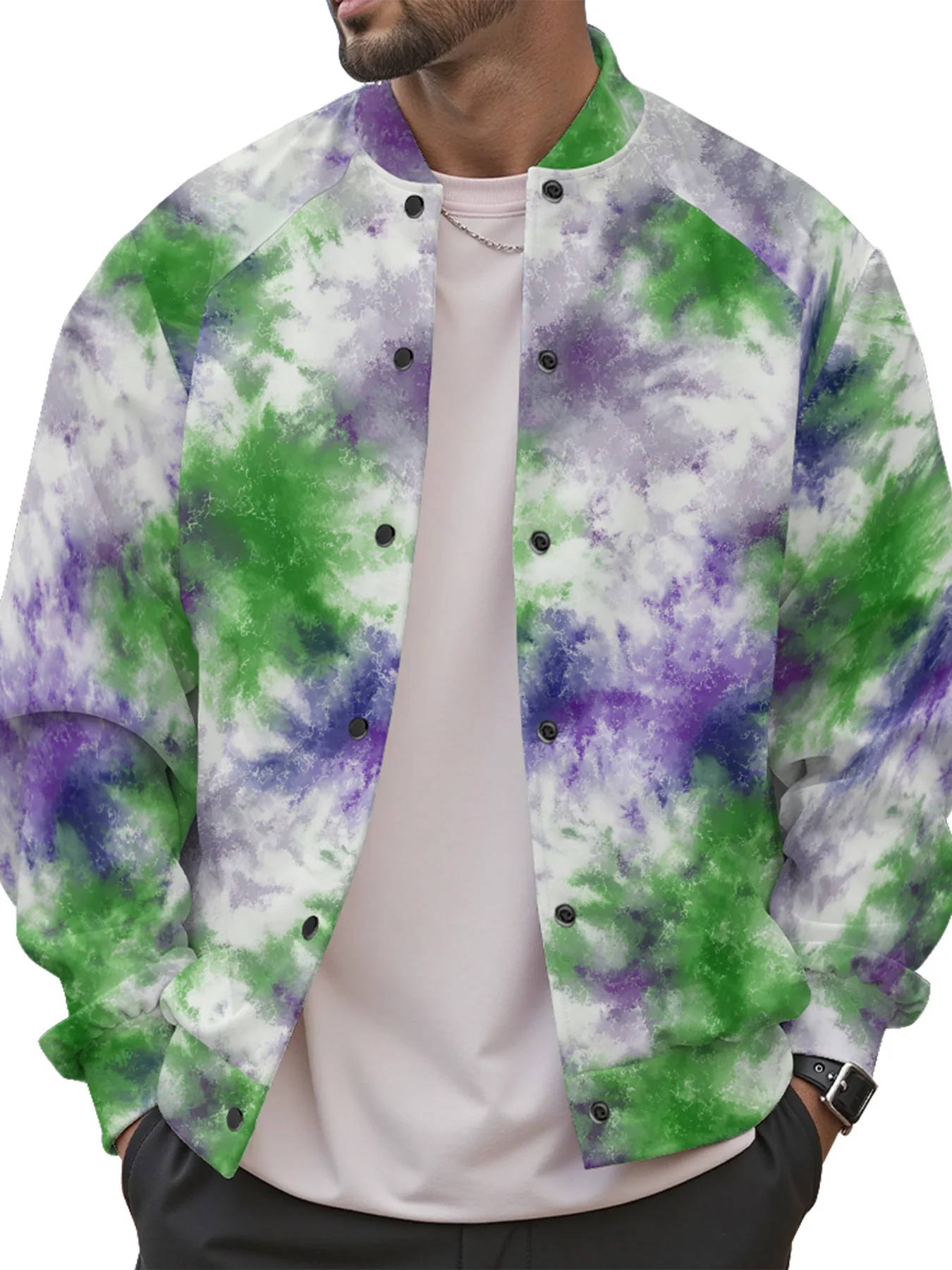 Vibrant Tie-Dye Baseball Jackets Color Galaxy Cloud Spiral Patterns Button-Up Front Side Pockets Korean Street Fashion Outerwear