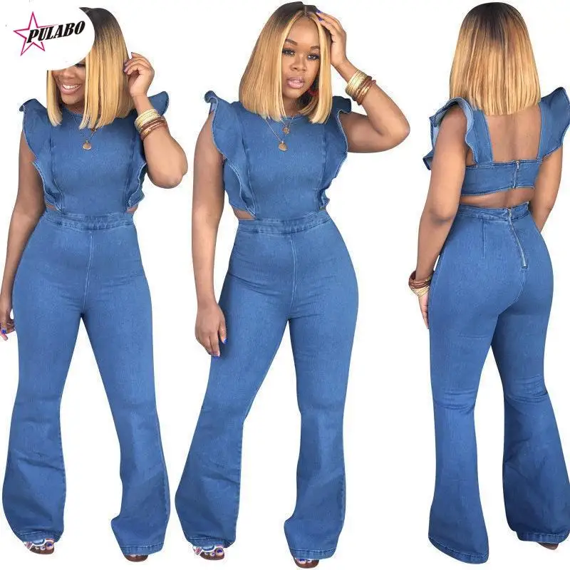 

PULABO Butterfly Bell Wide Leg Bodycon Denim Jumpsuit Casual Rompers Back Lace Up Fashion Trends Jumpsuits Overalls