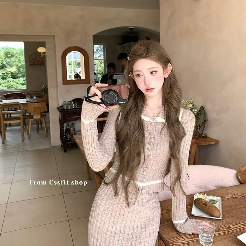

Sweet Hot Girl Suit Women's Autumn Color Contrast Lapel Sweater High-waisted A-line Skirt Two-piece Set Fashion Female Clothes