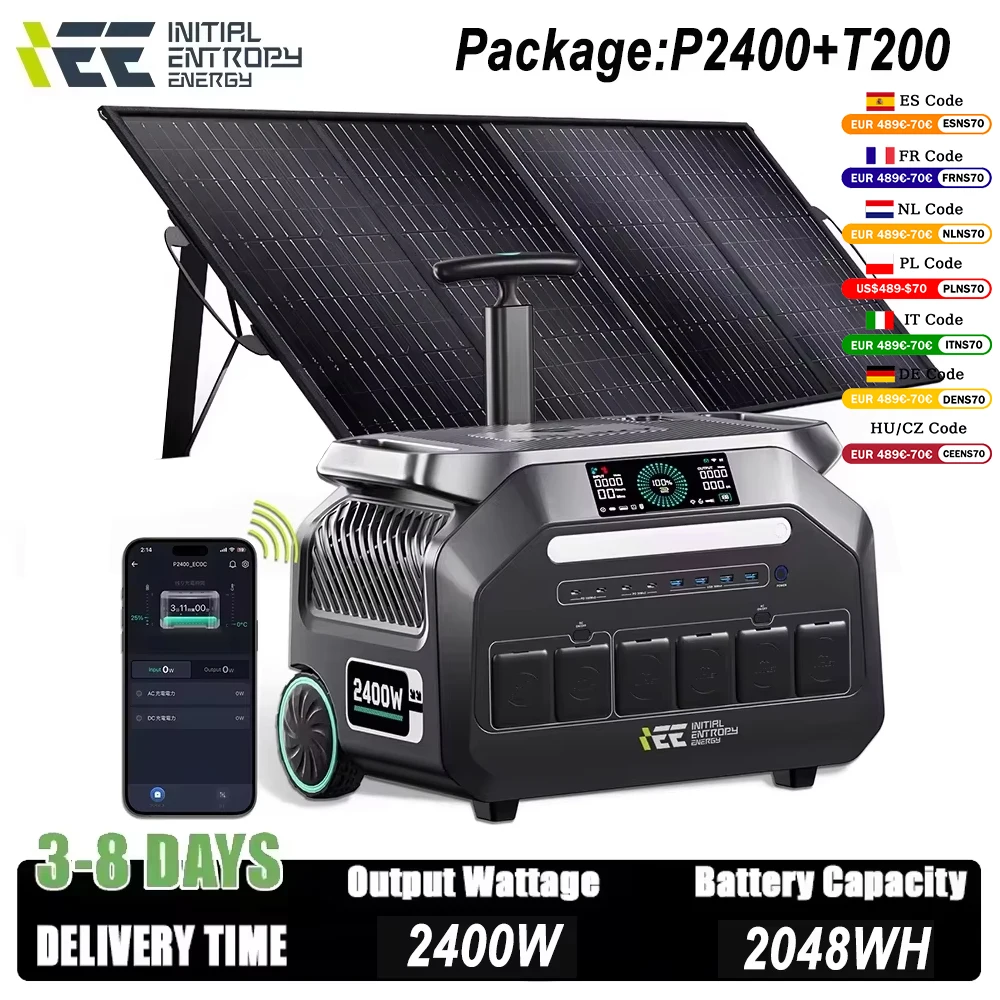 IEE Solargenerator 2400 W Batterieladegerät 220 V Kraftwerk Reine Sinuswelle AC-Steckdose mit 200 W tragbarem Solarpanel für den Außenbereich