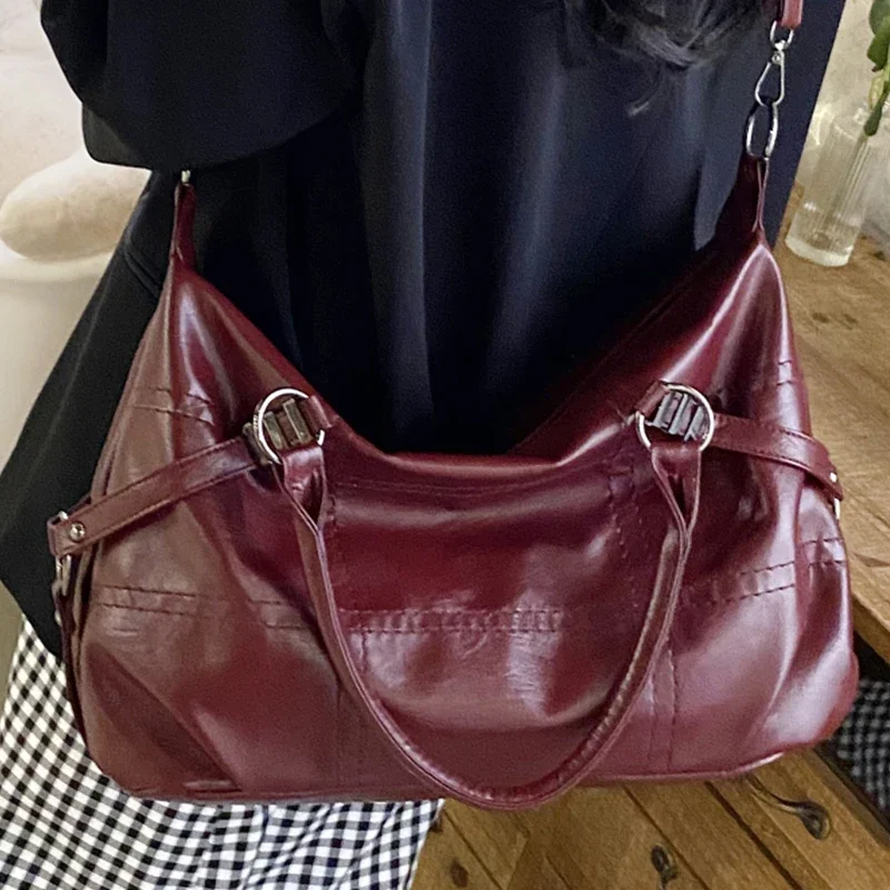 Wine Red Handbag for Women Large Capacity Pu Leather Ladies Armpit Shoulder Bags Sewing Thread Pattern Female Hobo Crossbody Bag