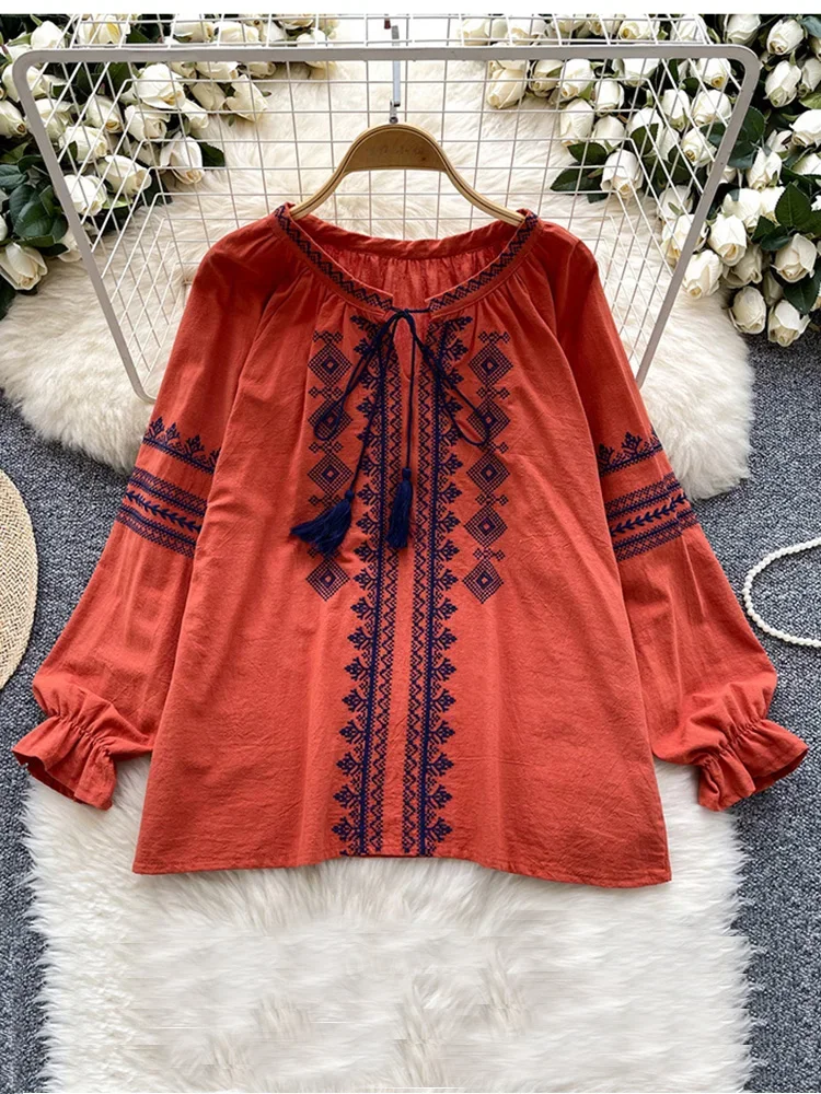 Women\'s Spring Autumn Shirt New Retro Bohemian Embroidered Lace Up Lantern Long Sleeves Blouse Top A161