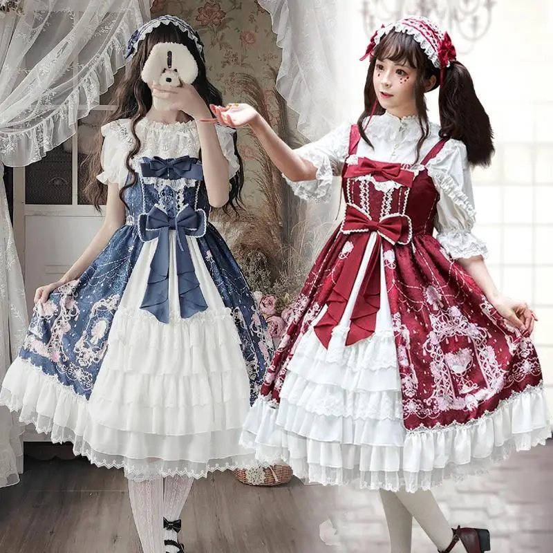 Japanische elegante Vintage-Stil Lolita Jsk Kleid Frauen Kawaii Bogen Blumen druck Cosplay Kleider süßes Mädchen Gothic Y2k Riemen Kleid