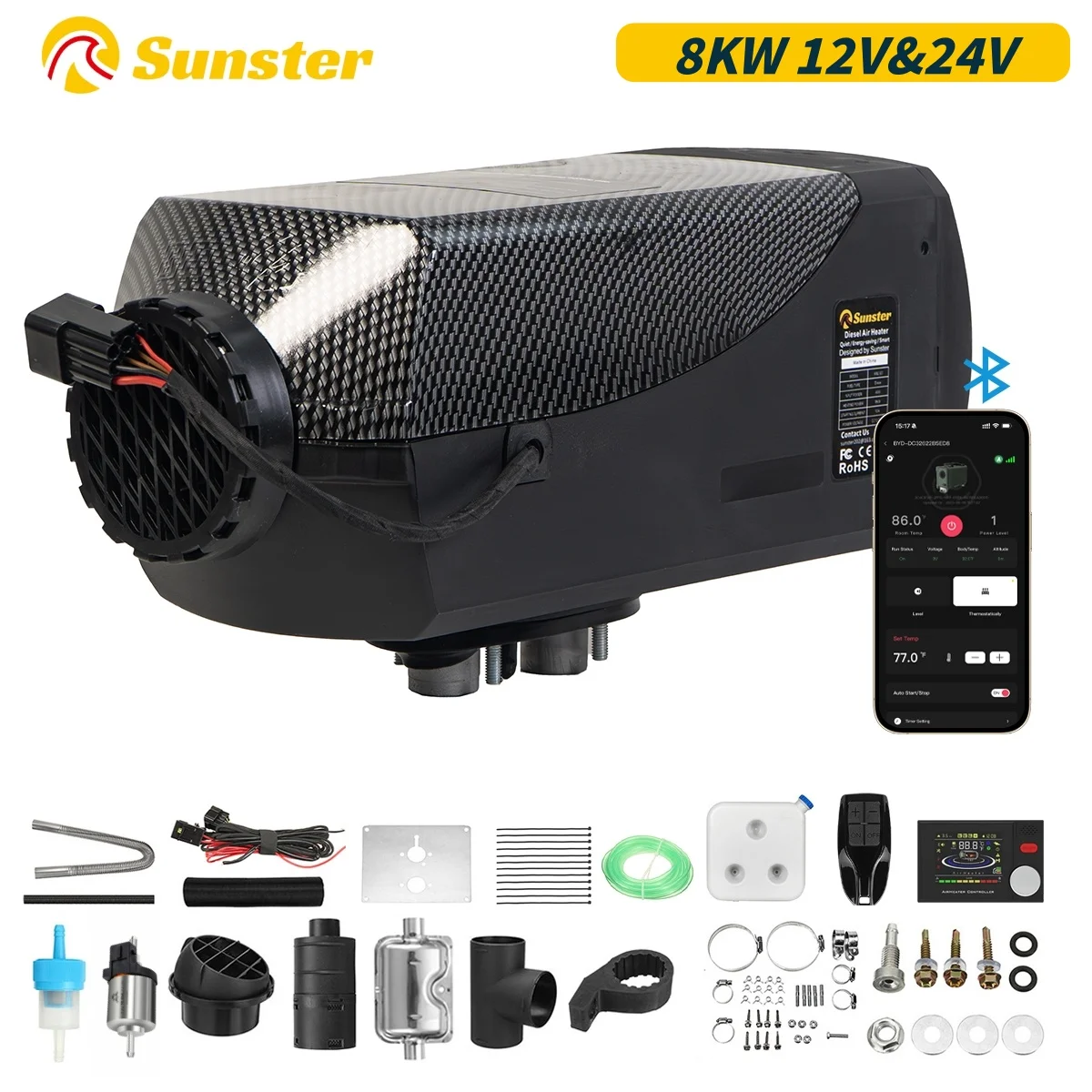 Sunster Car Heater 8KW Diesel Air Heater 12/24V Ultra Silent &Bluetooth APP Truck Boat Bus RV Trailer Air Diesel Parking Heater