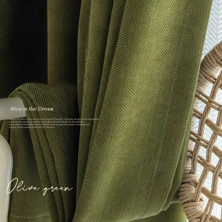 Olive Green Blackout Textured Luxury Solid Curtains for Living Room Bedroom Blackout Sunshade Decoration Hook-Up Fabric Curtain