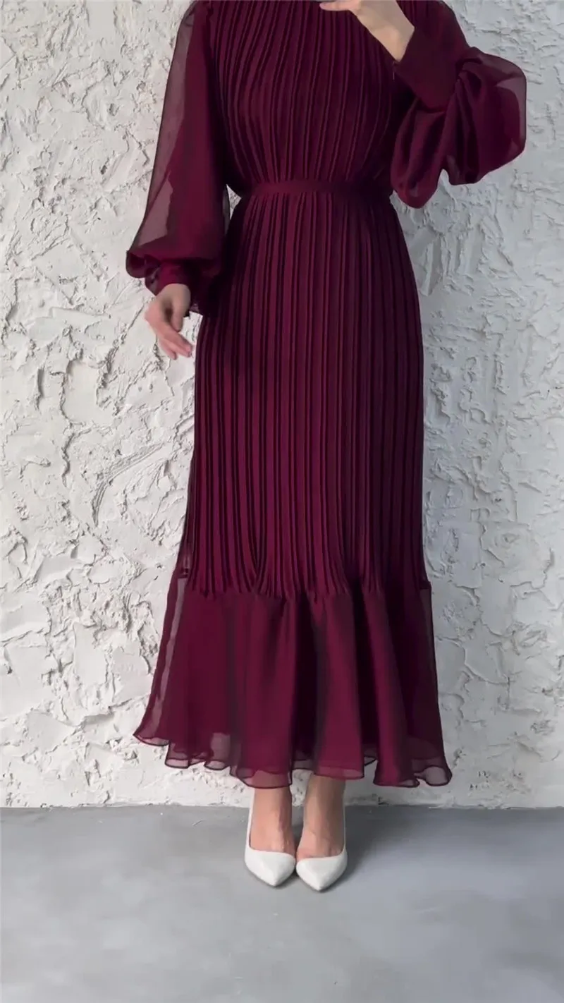 

Elegant Lantern Sleeve Maxi Women Dress O Neck Ruched Pleated Vestidos Fashion Solid Casual Ladies Clothing Dropshipping