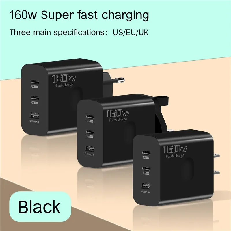 160W Fast Charger USB Type C Phone Charger Adapter Quick Charge QC 5.0 3.0 PD 65W Charger For iPhone iPad Samsung Huawei Xiaomi