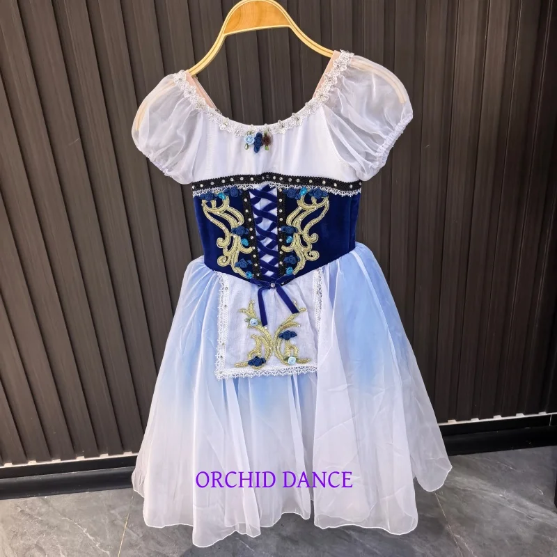 Puff Short Sleeve Ballet Performance Dress Contrast Corset Gold Embroidery Apron Gradient Mesh Midi Skirt Dancewear Suitable For