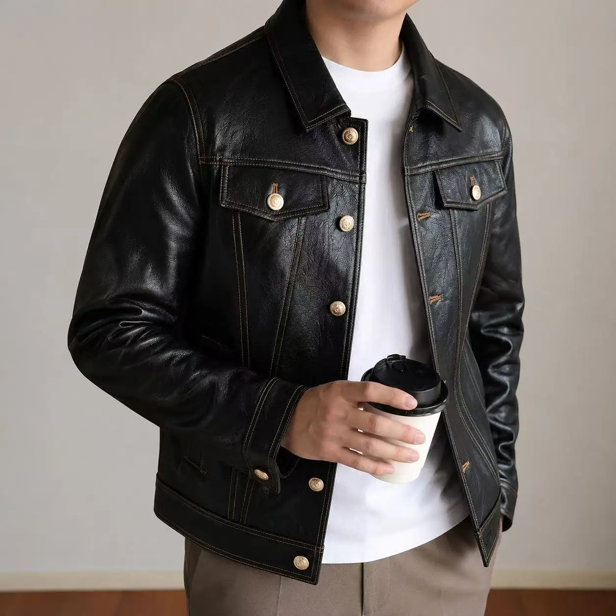 High-Quality Fashionable Men's Slim Fit Leather Jacket Trendy Autumn Winter Single-Button Notch Collar Biker Coat