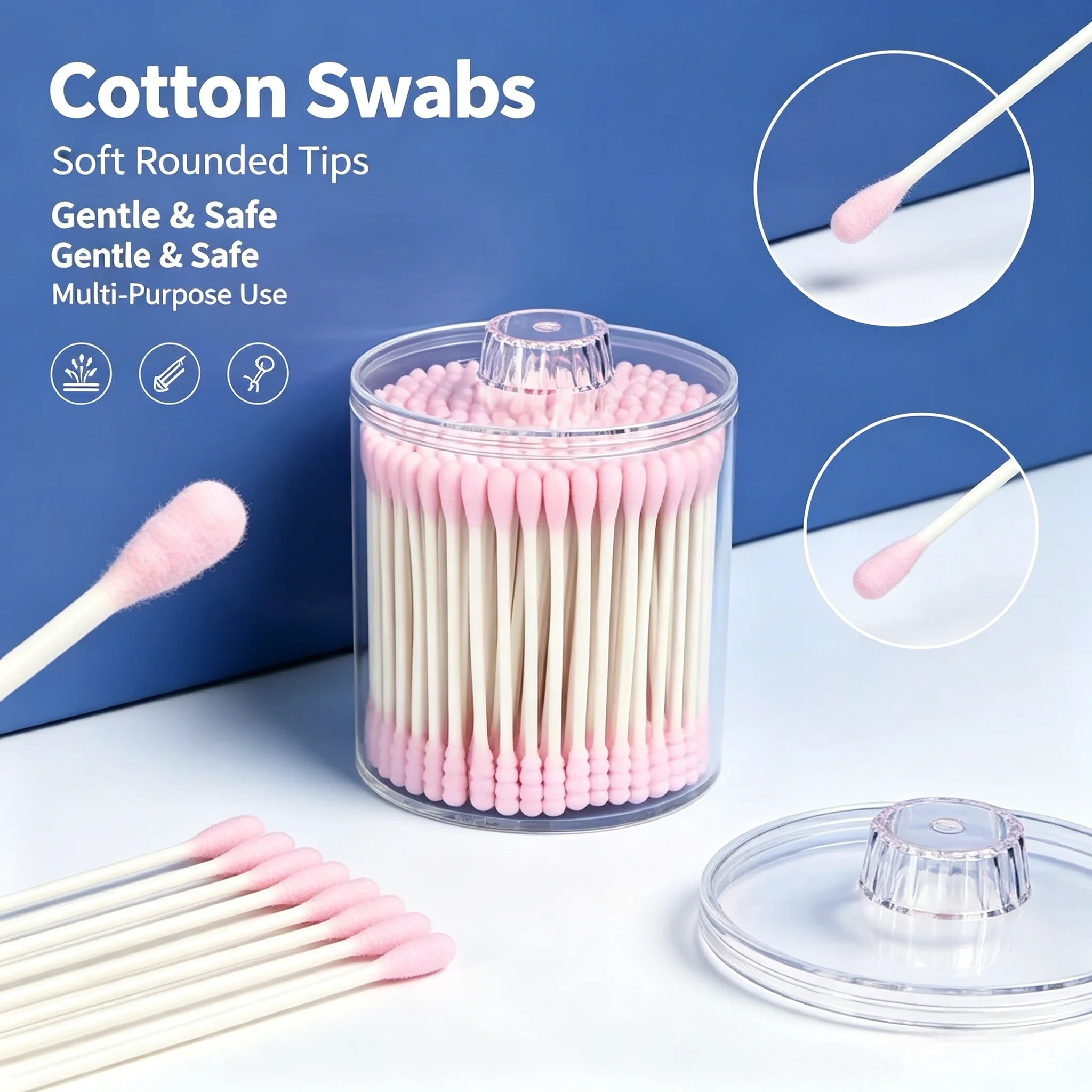 200 double-ended cotton swabs with soft, lint-free cotton tips for makeup application and cleaning.