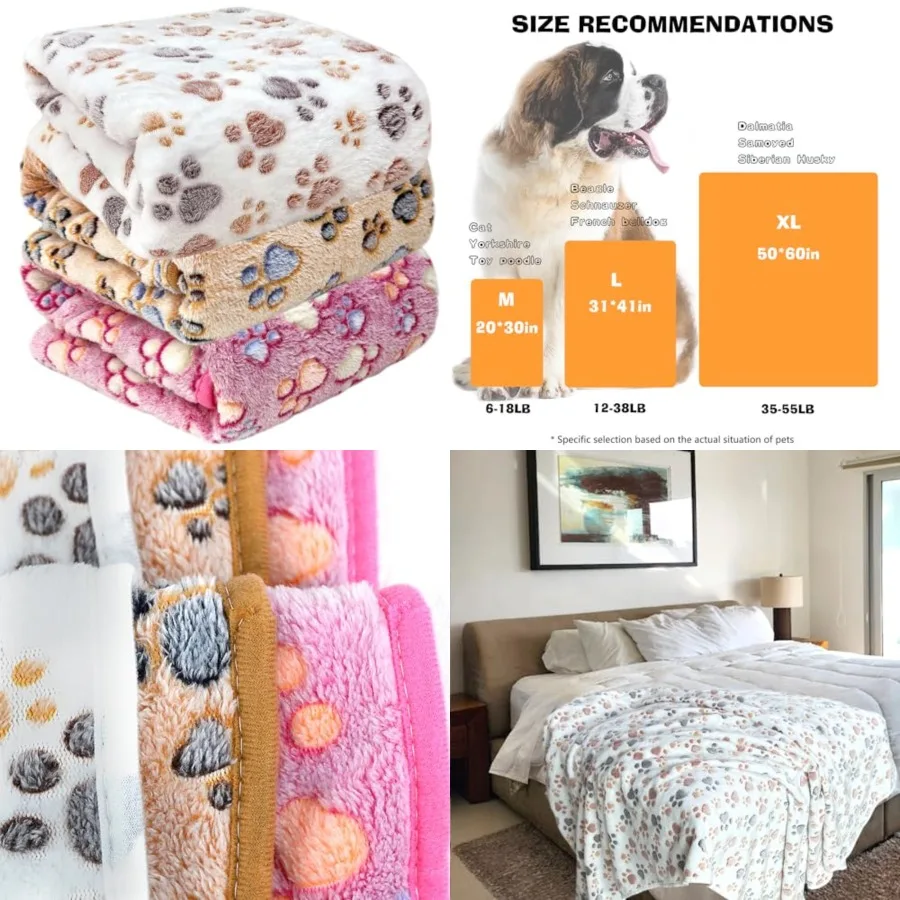 

Dog Blankets for Large Dogs, 3 Pcs Dog Blanket Washable, Soft Fluffy Flannel Pet Blanket Mat Cover for Bed Couch, Cute Print Pu