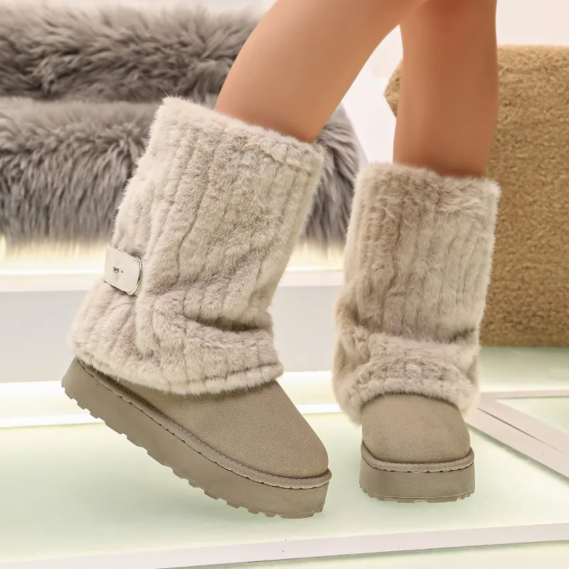 Winter Fashion Knitted Ribbed Cuff Thick Soled Women's Snow Boots 2026 New Fleece Lined Round Toe Comfort Warm Casual Women Shoe view 2